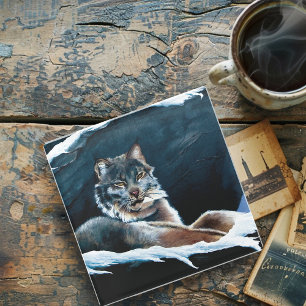 Dessous-de-verre En Verre Lynx hivernal majestueux se reposant sur une monta
