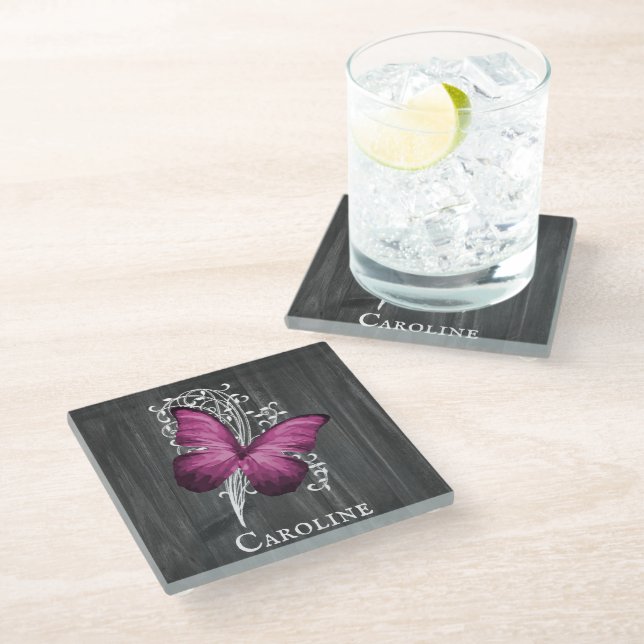 Dessous-de-verre En Verre Magenta Rustic Butterfly Personnalisé (Incliné)