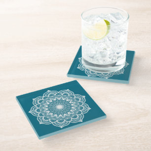 Dessous-de-verre En Verre Mandala blanc sur fond bleu