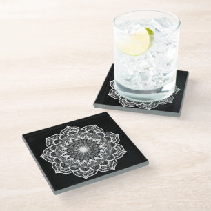 Dessous-de-verre En Verre Mandala blanc sur fond noir