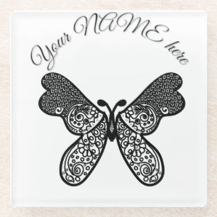 Dessous-de-verre En Verre Mandala papillon boho complexe noir et blanc A