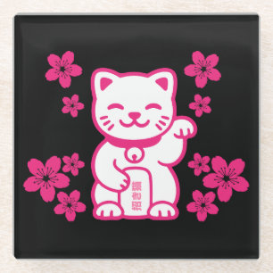 Dessous-de-verre En Verre Maneki-neko japonais rose