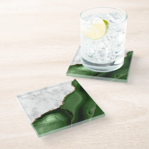 Dessous-de-verre En Verre Marbre Blanc Agate Vert Chasseur Doré