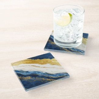 Dessous-de-verre En Verre Marbre bleu marine de luxe et feuille d'or