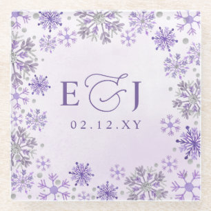 Dessous-de-verre En Verre Mariage d'hiver flocons de neige violet argent Mon