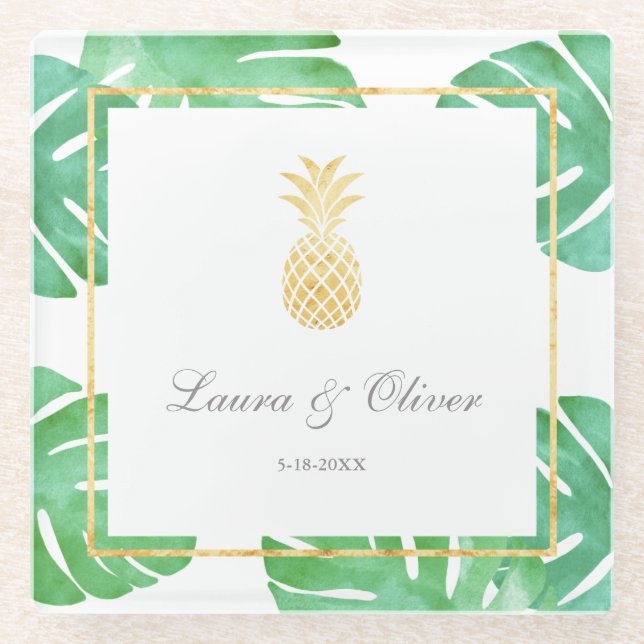 Dessous-de-verre En Verre Mariage d'or d'ananas tropical (Devant)