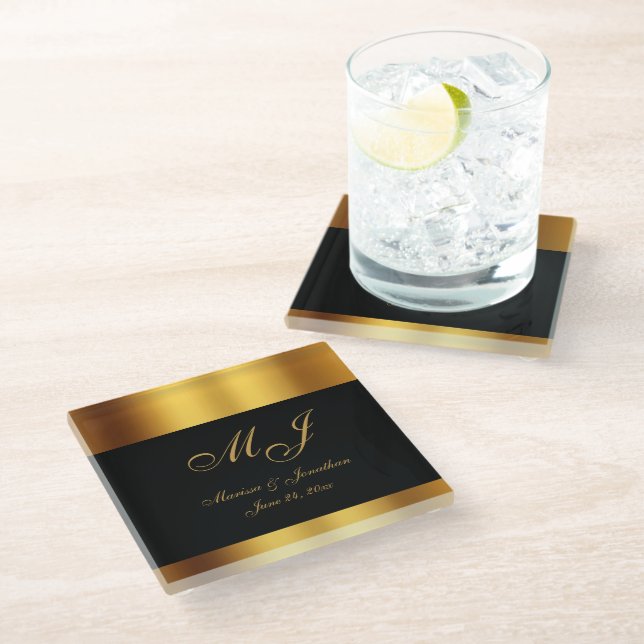 Dessous-de-verre En Verre Mariage frontalier de luxe Black Gold Calligraphie (Incliné)