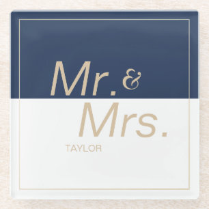 Dessous-de-verre En Verre Mariage moderne minimaliste bleu marine m & mrs