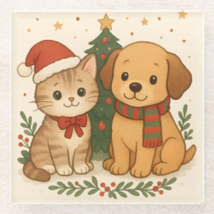 Dessous-de-verre En Verre Marionnette et chaton Noël Cheval