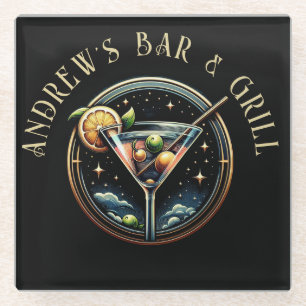 Dessous-de-verre En Verre Martini Martini Noir & Or Rond Logo Bar & Grill