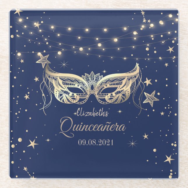 Dessous-de-verre En Verre Masquerade, Marine Bleu Stars Quinceañera (Devant)