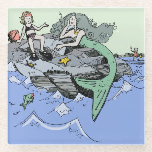 Dessous-de-verre En Verre Mermaid littoral mignon dessin animé plage art pou