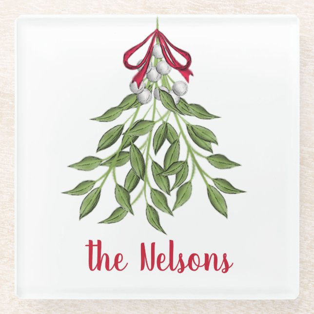 Dessous-de-verre En Verre Merry Mistletoe aux baies blanches (Devant)