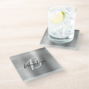 Dessous-de-verre En Verre Métal brossé argenté Noir Blanc Script Monogramme