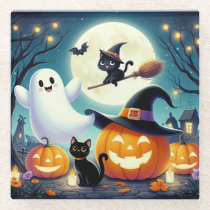 Dessous-de-verre En Verre Mignonne, citrouille d'Halloween, chat & fantôme