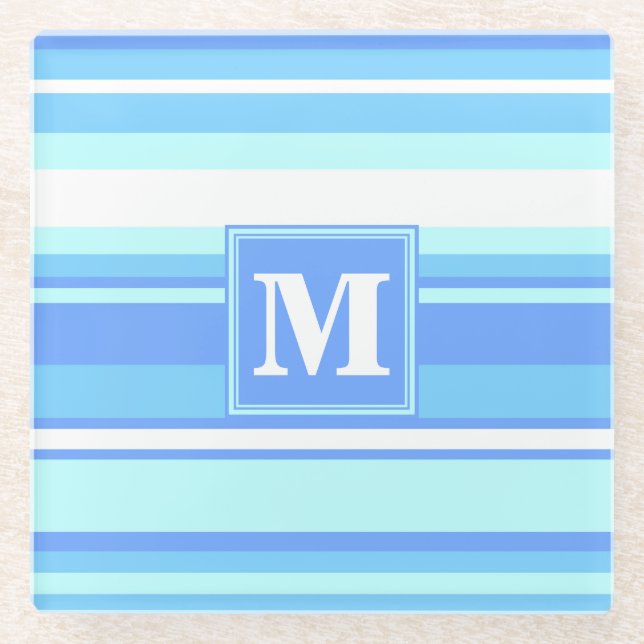Dessous-de-verre En Verre Monogramme ciel bandes bleues (Devant)