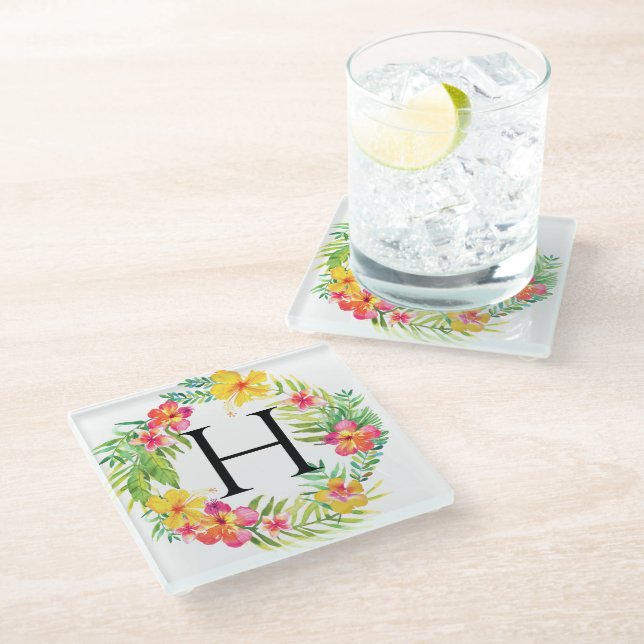 Dessous-de-verre En Verre Monogramme de couronne florale (Incliné)