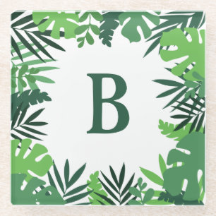 Dessous-de-verre En Verre Monogramme de feuilles de palmier florales vertes
