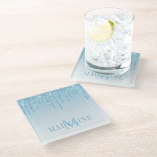 Dessous-de-verre En Verre Monogramme de Parties scintillant bleu clair moder