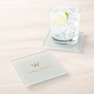 Dessous-de-verre En Verre Monogramme de script d'or ivoire moderne