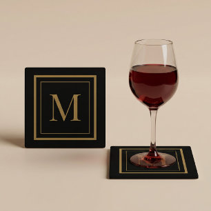Dessous-de-verre En Verre Monogramme encadré noir et or personnalisé