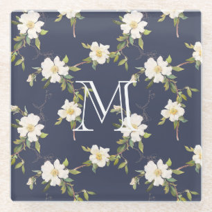 Dessous-de-verre En Verre Monogramme floral blanc bleu marine