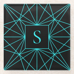 Dessous-de-verre En Verre Monogramme initial   Design géométrique turquoise