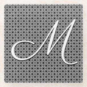Dessous-de-verre En Verre Monogramme initial géométrique noir et blanc