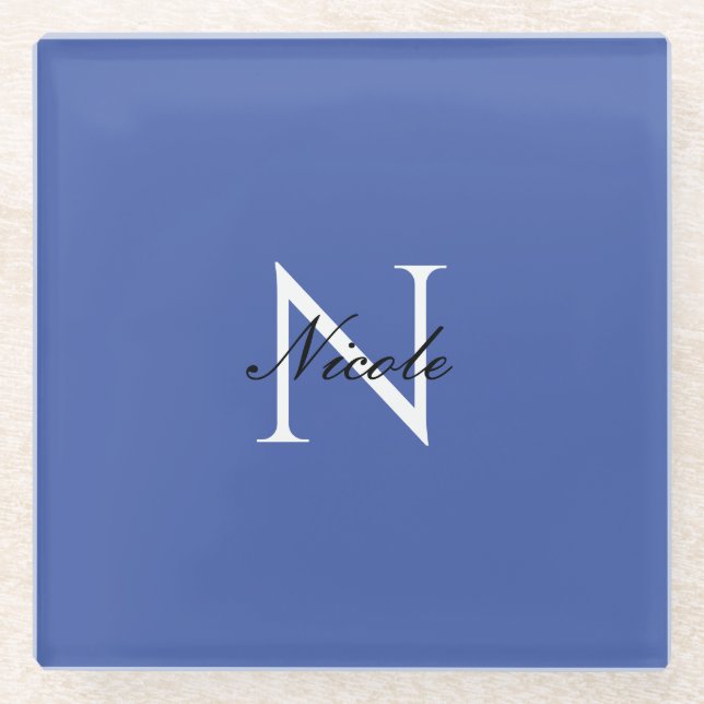 Dessous-de-verre En Verre Monogramme initial manuscrit propre nom bleu (Devant)