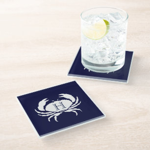Dessous-de-verre En Verre Monogramme Marine Bleu Crabe Blanc Nautique