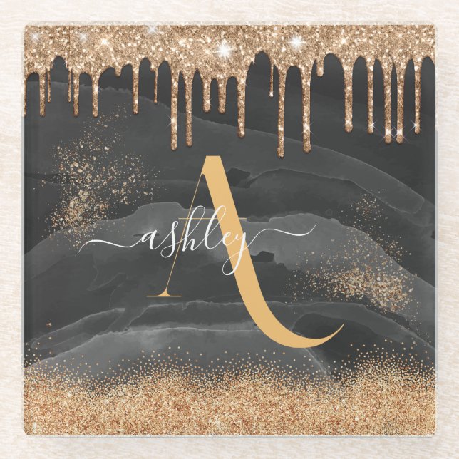 Dessous-de-verre En Verre Monogramme métallisé personnalisé avec paillettes  (Devant)