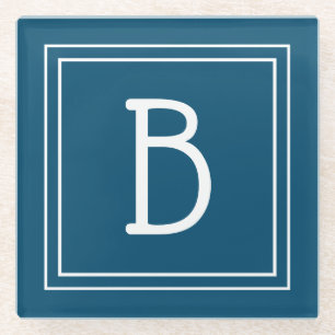 Dessous-de-verre En Verre Monogramme Moderne Océan Bleu & Blanc Initiale