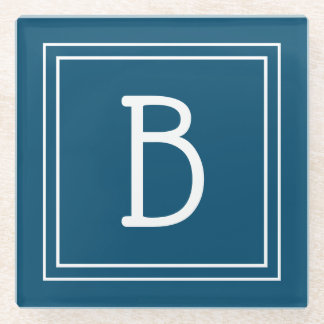 Dessous-de-verre En Verre Monogramme Moderne Océan Bleu & Blanc Initiale