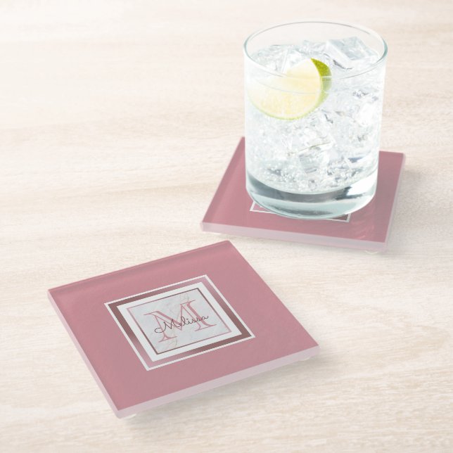 Dessous-de-verre En Verre Monogramme or rose marbre (Incliné)