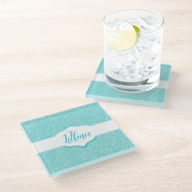 Dessous-de-verre En Verre Monogramme Parties scintillant turquoise (Incliné)