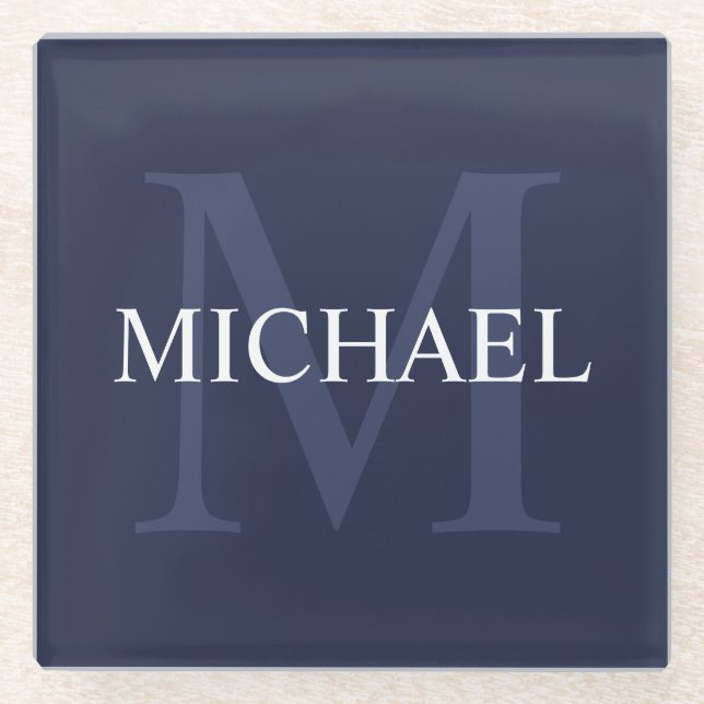 Dessous-de-verre En Verre Monogramme personnalisé et nom Navy Blue (Devant)