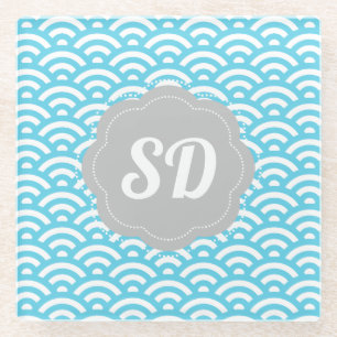 Dessous-de-verre En Verre Monogramme personnalisé Vague bleu clair