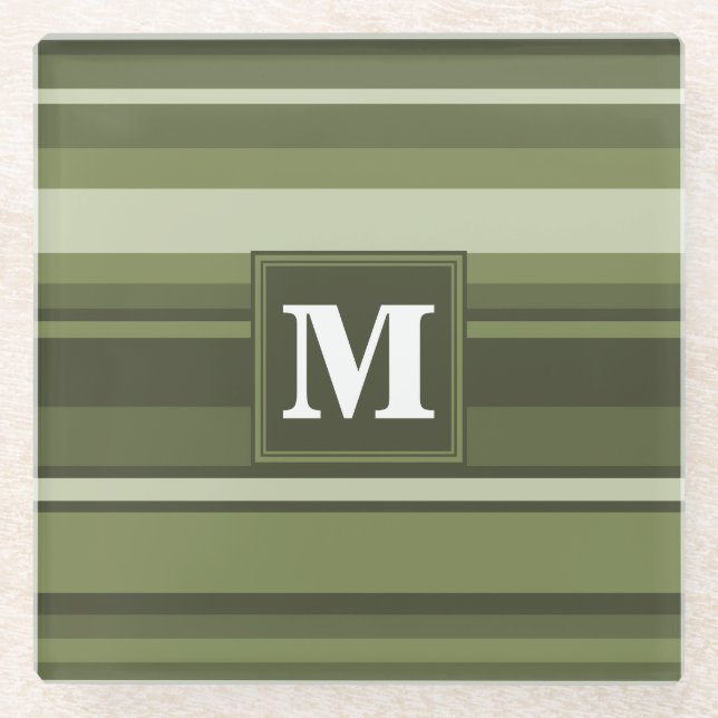 Dessous-de-verre En Verre Monogramme rayures vert olive (Devant)