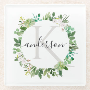 DESSOUS-DE-VERRE EN VERRE MONOGRAMME SUCCULENT D'AQUARELLE DE FEUILLAGE