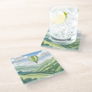 Dessous-de-verre En Verre Montgolfière Paysage aquarelle verte