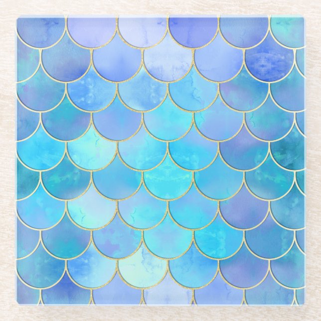 Dessous-de-verre En Verre Motif Aqua Pearlescent & Gold Mermaid (Devant)