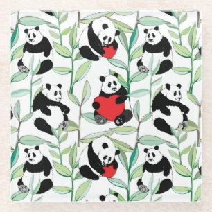 Dessous-de-verre En Verre motif avec de beaux pandas avec des coeurs
