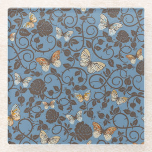 Dessous-de-verre En Verre motif avec les roses et le papillon