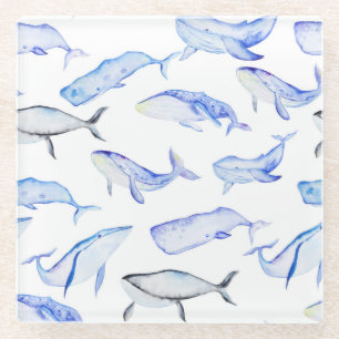 Dessous-de-verre En Verre Motif de baleine bleue d'aquarelle