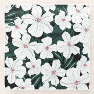 Dessous-de-verre En Verre Motif de fleurs tropical blanc