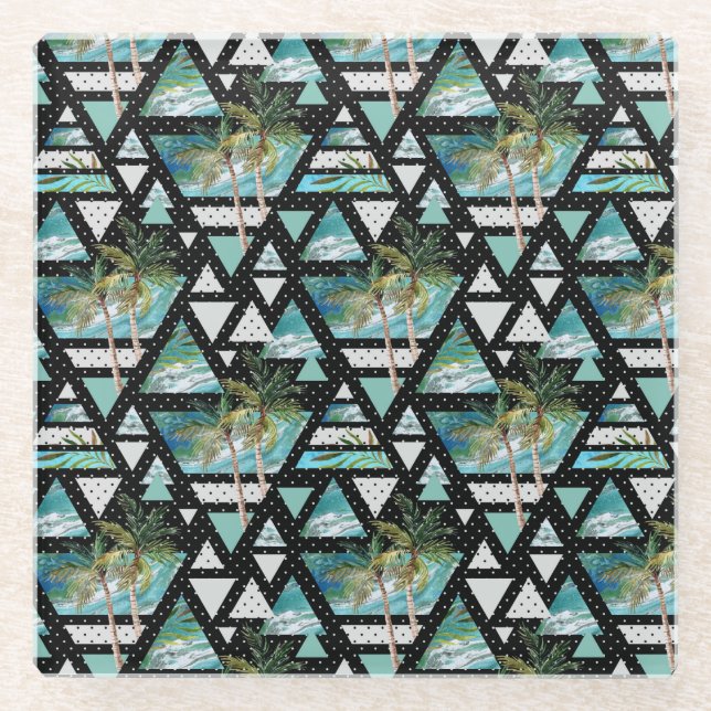 Dessous-de-verre En Verre Motif de palmes et vagues géométriques Abstraites (Devant)