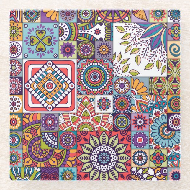 Dessous-de-verre En Verre Motif de tuile de Mandala (Devant)