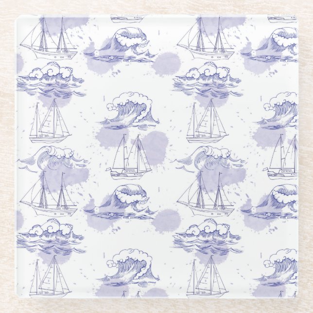 Dessous-de-verre En Verre Motif de vagues et de bateaux d'aquarelle (Devant)