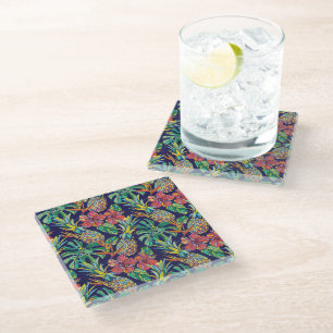 Dessous-de-verre En Verre Motif d'hibiscus à ananas tropicaux