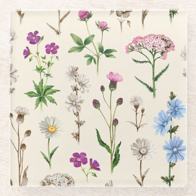 Dessous-de-verre En Verre Motif fleur sauvage aquarelle. (Devant)